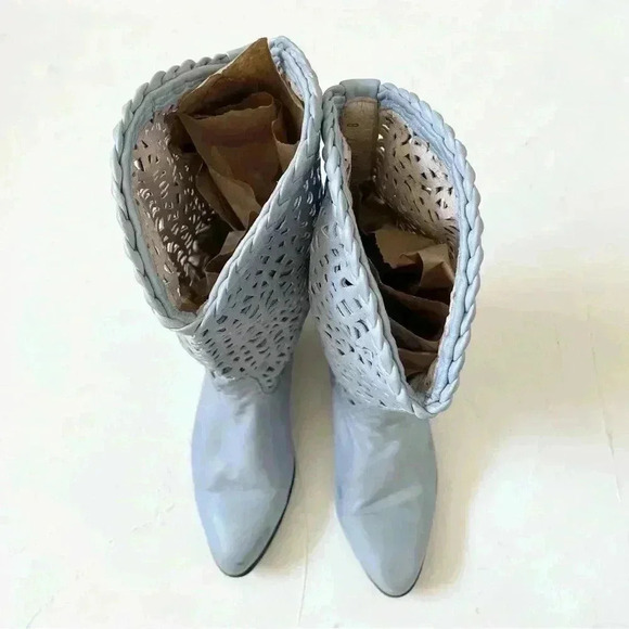 Vintage 80s Steve Fleming Western Blue Mid Calf Boots Perforated Cut Out Boho - Picture 8 of 9
